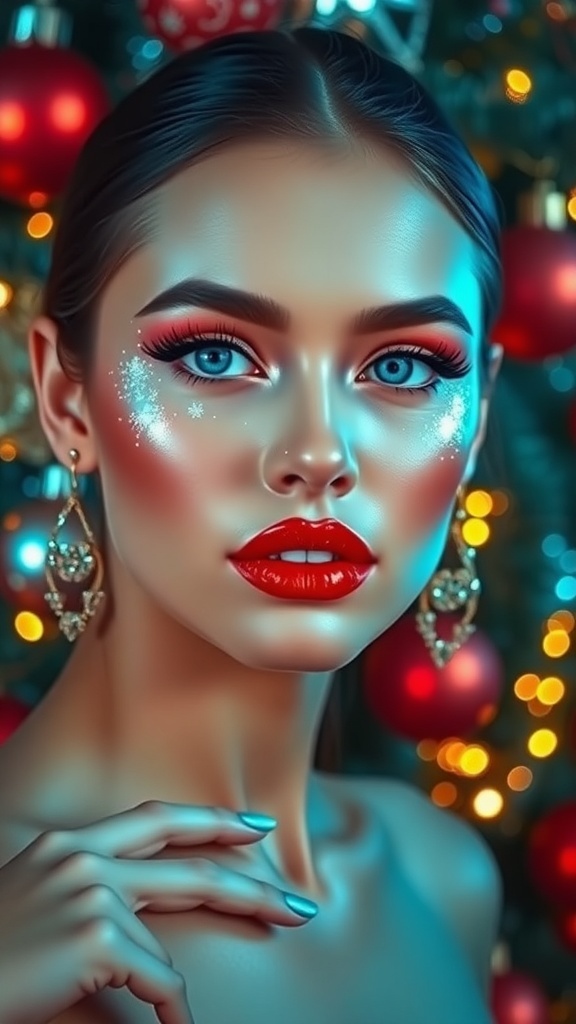 Festive Christmas Makeup Editorial A model showcasing glamorous Christmas makeup with red lips and sparkling eyes, surrounded by holiday decorations.